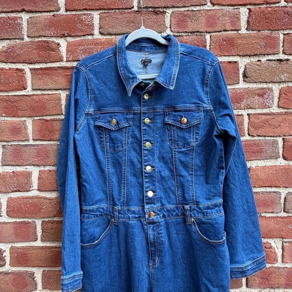 Express Stretch Denim Long Sleeve Button Front Wide Leg Jumpsuit Blue L NEW - Picture 3 of 16